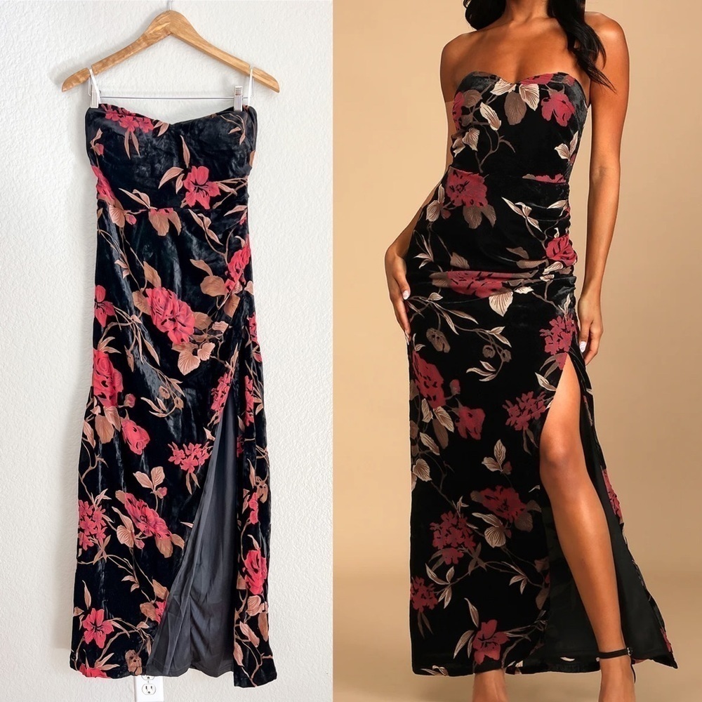 NWOT Exquisite Black Floral Burnout Velvet Strapless Maxi Dress!